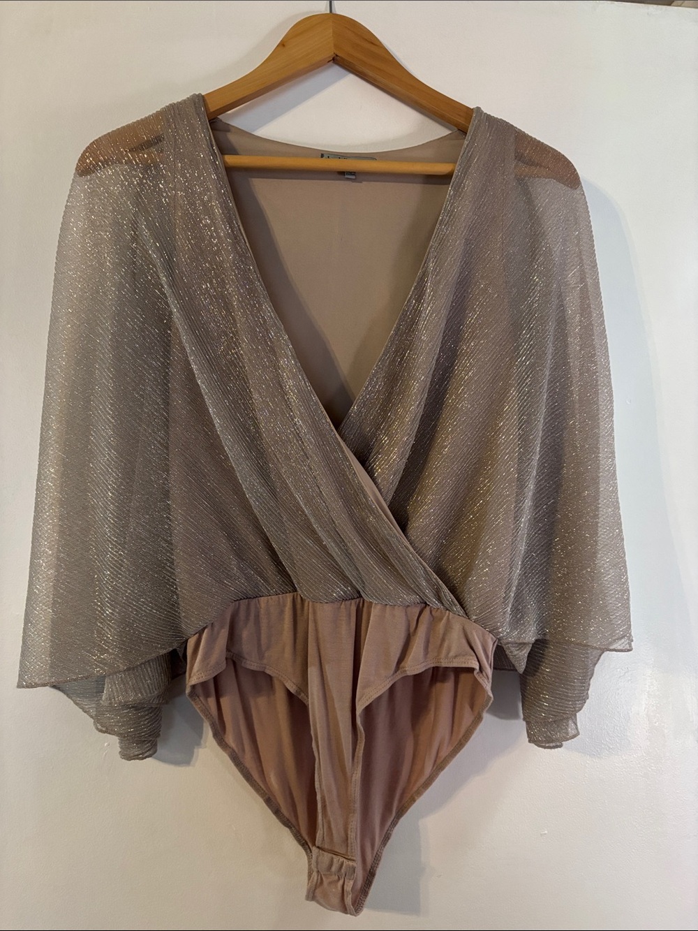 Charlotte Russe Taupe Shimmer Wrap Off-the-Shoulder Sweater Bodysuit